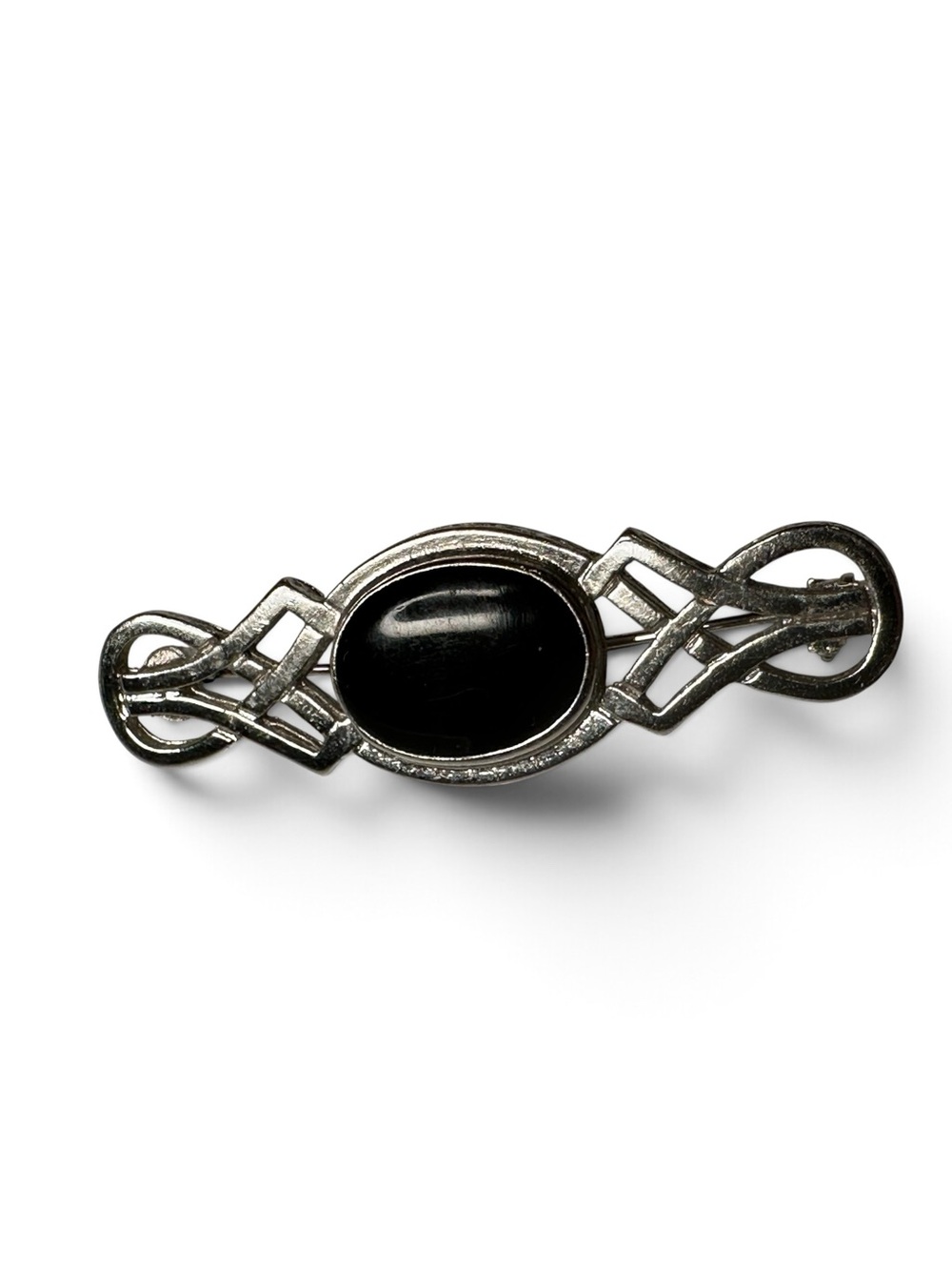 Vintage Silver Tone Black Cabochon Geometric Brooch